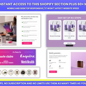 May include: A promotional graphic with text: "GET INSTANT ACCESS TO THIS SHOPIFY SECTION PLUS 60+ MORE!" and "MOBILE AND DESKTOP RESPONSIVE / IT WON'T AFFECT WEBSITE SPEED." The graphic includes sections on product benefits, a 3-step setup guide, and quality guarantee information.