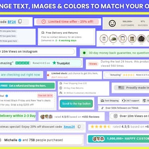 May include: A promotional graphic with various text boxes and icons. Text includes "Change text, images & colors to match your offer," discount codes, customer reviews, and guarantees. The design uses a purple and yellow color scheme.