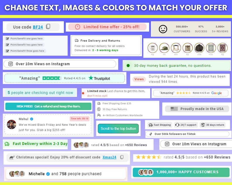 May include: A promotional graphic with various text boxes and icons. Text includes "Change text, images & colors to match your offer," discount codes, customer reviews, and guarantees. The design uses a purple and yellow color scheme.