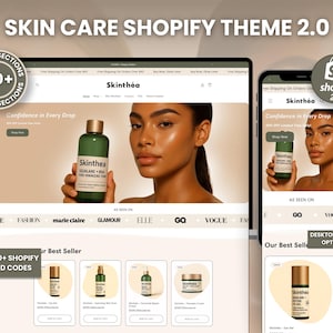 Skincare Shopify 2.0 Theme, Clean Aesthetic White & Beige Dermatology Landing Page Minimalist Design Beauty Brand Ecommerce Website Template