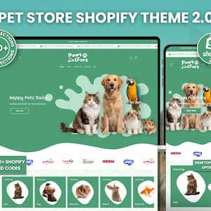 Könnte beinhalten: Eine digitale Darstellung eines Zoohandlungs-Website-Themes namens Paws & Furs mit grünem Hintergrund und Bildern von Katze, Hund, Papagei, Kaninchen und Hamster. Das Layout umfasst ein Navigationsmenü, einen Shop-Now-Button und Tier-Icons.