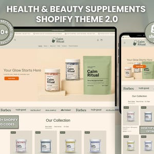 May include: A website design showcasing health and beauty supplements. The design features a desktop and mobile view, displaying product jars and a green supplement packet. The brand name "Calm Ritual" is visible, along with the text "Your Glow Starts Here."