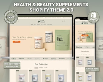 Health & Beauty Supplement Shopify 2.0 Theme, Landing Page Minimalist Design, Wellness Brand Ecommerce Website Template, Multivitamin Stores