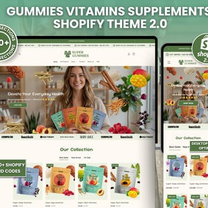 Puede incluir: Un diseño de sitio web que presenta suplementos de vitaminas en gomitas. El diseño se muestra en una computadora portátil y un teléfono inteligente, con el texto "Gummies Vitamins Supplements Shopify Theme 2.0". El sitio web presenta envases de productos.