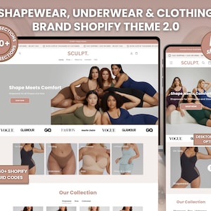 Puede incluir: Diseño web para fajas, ropa interior y ropa, mostrado en una tableta y un teléfono inteligente. El sitio web presenta imágenes de modelos que usan los productos. El texto incluye "Shape Meets Comfort" y "Our Collection."