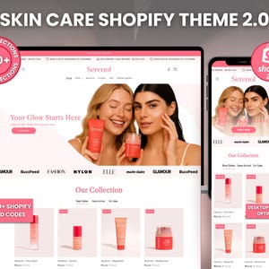 Peut inclure: Présentation d'un thème Shopify pour les soins de la peau, affichée sur ordinateur et mobile. Le thème présente une mise en page épurée avec des images de produits de soins de la peau et le texte "Your Glow Starts Here". Le design inclut le texte "Skin Care Shopify Theme 2.0".