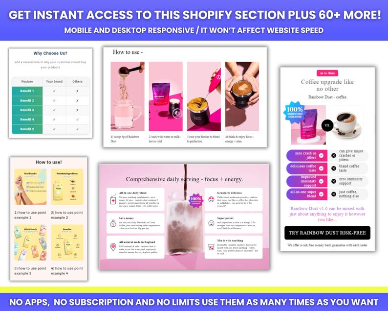 May include: A promotional graphic with text in a pink and white color scheme. The text reads "GET INSTANT ACCESS TO THIS SHOPIFY SECTION PLUS 60+ MORE!" and "MOBILE AND DESKTOP RESPONSIVE / IT WON'T AFFECT WEBSITE SPEED". The graphic also includes product information and instructions.
