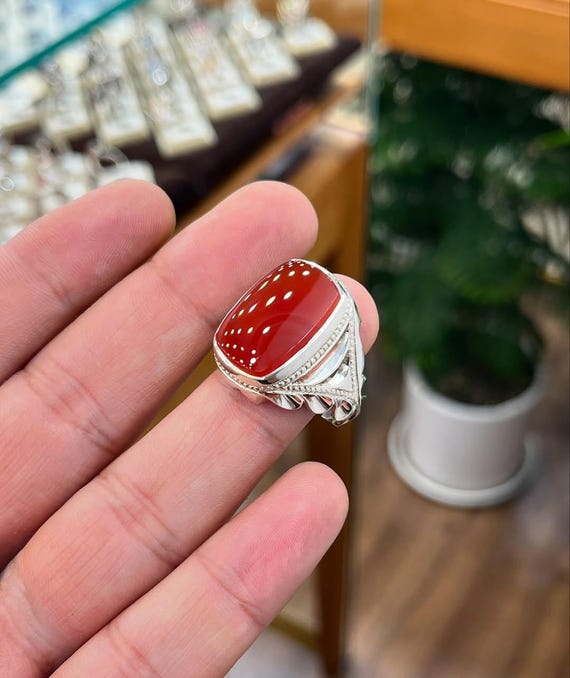 レッドアゲートメンズリング：手作り925スターリングシルバーアゲート 