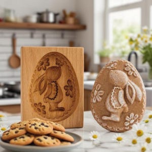 Peut inclure: Un moule à biscuits en bois en forme d'œuf de Pâques avec un motif de lapin sculpté. À côté, un biscuit cuit en forme d'œuf avec un motif de lapin. Une assiette de biscuits aux pépites de chocolat est au premier plan.