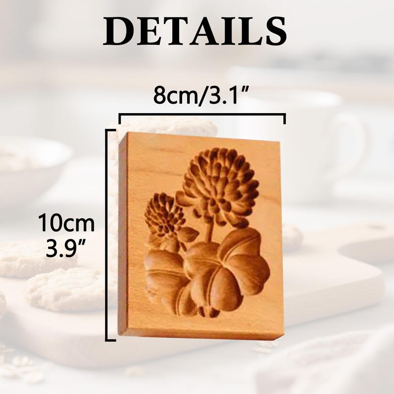 May include: A wooden cookie mold with a carved floral design. The mold is rectangular, measuring 3.1 inches wide and 3.9 inches tall. The text "DETAILS" is at the top of the image.