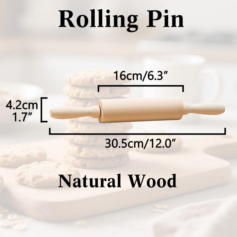 May include: A natural wood rolling pin, 30.5cm long, 16cm wide, and 4.2cm in diameter. The text "Rolling Pin" and "Natural Wood" are displayed. The rolling pin is shown with a stack of cookies.