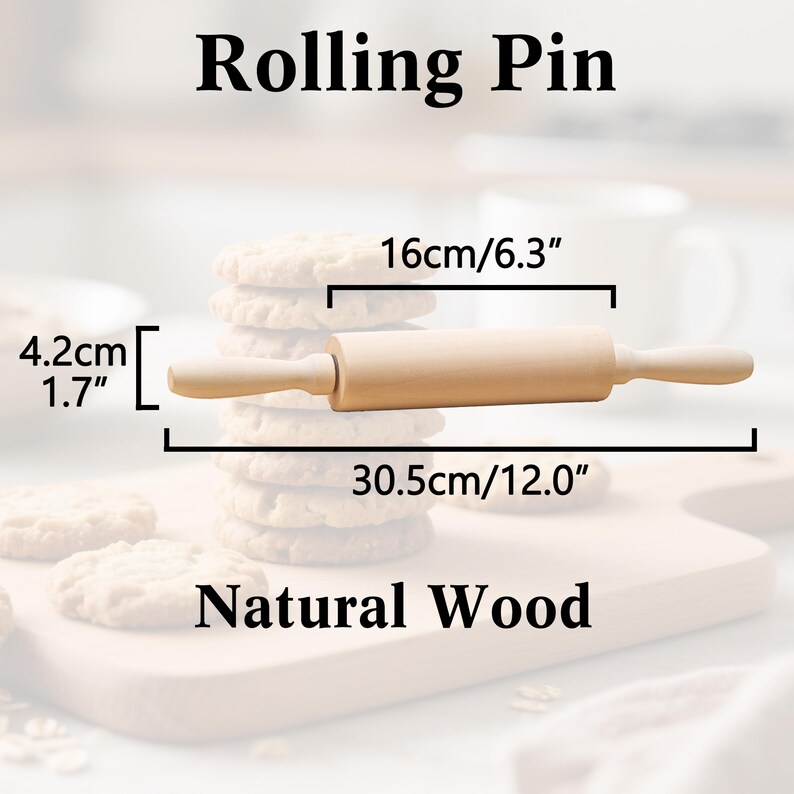 May include: A natural wood rolling pin, 12.0 inches long, 6.3 inches wide, and 1.7 inches in diameter. The text "Rolling Pin" and "Natural Wood" are displayed. The rolling pin is shown with a stack of cookies.