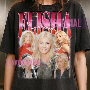 May include: Black graphic t-shirt featuring a collage of images of a blonde woman with the name "ELISHA Cuthbert" in a pink and red gradient font. The shirt has a vintage, distressed look.