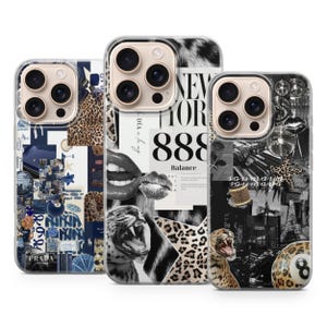 Peut inclure: Trois coques de téléphone avec des designs uniques. L'une présente un collage d'images bleues et blanches, une autre un collage noir et blanc avec le texte "NEW YORK 888", et la troisième un collage noir et blanc avec un imprimé léopard.