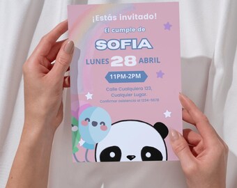 レインボーパンダのお子様向け誕生日招待状 | デジタル編集可能 | カスタマイズ可能