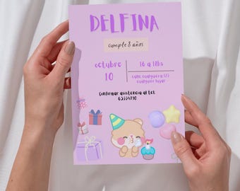 デジタル誕生日招待状 - 編集可能、ピンクのかわいいデザイン、テディベア付き、印刷可能なPDF