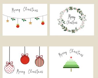 ミニマリストデジタルクリスマスカード | 印刷可能なメリークリスマスカード | 4つのお祝いデザインセット