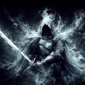 May include: Digital artwork of a cloaked figure in medieval armor, holding a glowing sword. The figure's face is obscured by a hood. The artwork is rendered in shades of gray and white, with a dark background and ethereal, cloud-like effects.