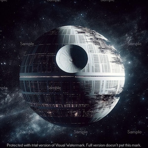May include: A detailed illustration of a spherical space station, resembling a Death Star, set against a starry backdrop. The station is primarily gray with intricate surface details and a large, circular dish. The image has a science fiction theme.