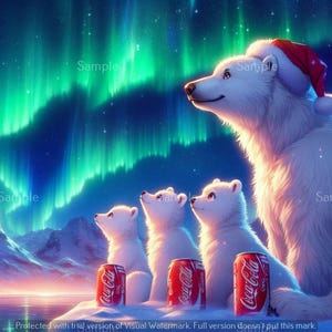 Könnte beinhalten: Eine digitale Illustration einer Eisbärenfamilie unter den Nordlichtern. Der erwachsene Bär trägt einen Weihnachtsmannhut, und drei Jungtiere sitzen in der Nähe. Rote Coca-Cola-Dosen befinden sich vor den Bären. Der Hintergrund zeigt Berge und einen farbenfrohen Himmel.