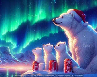 Coca Cola, Family of Polar Bears Viewing Northern Lights, Digital Image, .PNG File