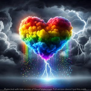 May include: A vibrant, rainbow-colored heart-shaped cloud formation against a stormy sky. Lightning bolts emanate from the heart, with colorful streaks of light descending. The image has a dramatic, artistic feel.