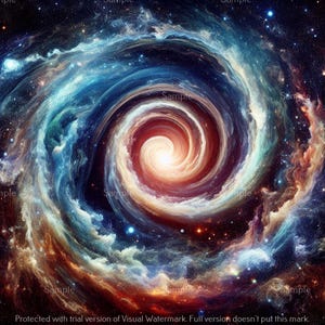 May include: A digital art image of a swirling galaxy. The artwork features a spiral of blues, oranges, and reds, with a bright light at the center. Stars are scattered throughout the image, creating a cosmic scene.