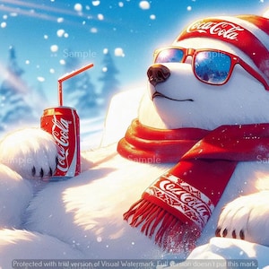 May include: An illustration of a polar bear relaxing in a snowy landscape. The bear wears a red Coca-Cola hat, scarf, and sunglasses. A red Coca-Cola can with a straw sits nearby. The scene is set in a winter wonderland.