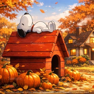 May include: A white cartoon dog with black ears and a red collar resting on the roof of a red wooden doghouse. The scene is set in an autumn landscape with orange pumpkins, fallen leaves, and a house in the background under a blue sky.