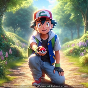May include: A digital illustration of a young character from the Pokemon series, kneeling on a path in a forest. The character wears a red and white cap, blue vest, and holds a red and white Poke Ball. The background features trees and flowers.