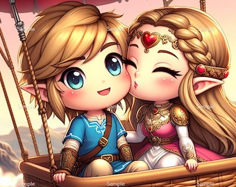 Chibi The Legend of Zelda, Zelda ger Link en kyss, digital bild, .PNG-fil