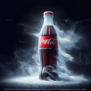 May include: A Coca-Cola bottle with a red label and the Coca-Cola logo. The bottle is surrounded by a cloud of vapor, with a red cap and a dark background. The bottle is a classic design.