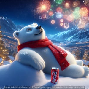 May include: A white polar bear wearing a red scarf, resting on a snow-covered hill, with a Coca-Cola can nearby. The background features a winter landscape with lit Christmas trees, houses, and fireworks in the night sky.