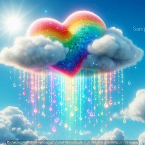 Puede incluir: Ilustración digital vibrante de una nube en forma de corazón arcoíris sobre un cielo azul brillante. El corazón está lleno de colores del arcoíris, y caen gotas brillantes de él. Nubes blancas y un sol brillante completan la escena.