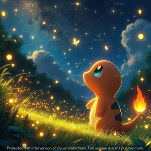 May include: An orange cartoon character with a flame on its tail gazes upward at a night sky filled with glowing orbs and a butterfly. The character stands in a grassy field with more glowing lights, under a dark blue sky with clouds.