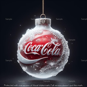 May include: A red and white Coca-Cola Christmas ornament with a frosted, snowy design. The ornament has the Coca-Cola logo in white and is suspended by a gold string. The ornament is approximately 3 inches in diameter.
