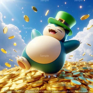 May include: A cartoon character wearing a green leprechaun hat, surrounded by gold coins. The character is smiling and appears to be celebrating. The background is a blue sky with clouds and stars. The image has a whimsical and festive feel.