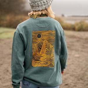 Where the Land Meets the Sea - Hand-Carved Linocut Mountain Print Vintage Sweatshirt | Pacific Northwest Apparel