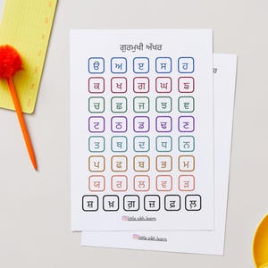 Puede incluir: Dos hojas de papel blancas con letras enmarcadas de colores en una cuadrícula. La hoja superior tiene el texto "ਗੁਰਮੁਖੀ ਅੱਖਰ" en la parte superior. Un bloc de notas amarillo con un bolígrafo de pompón naranja está a la izquierda. Una taza amarilla está en la parte inferior derecha.