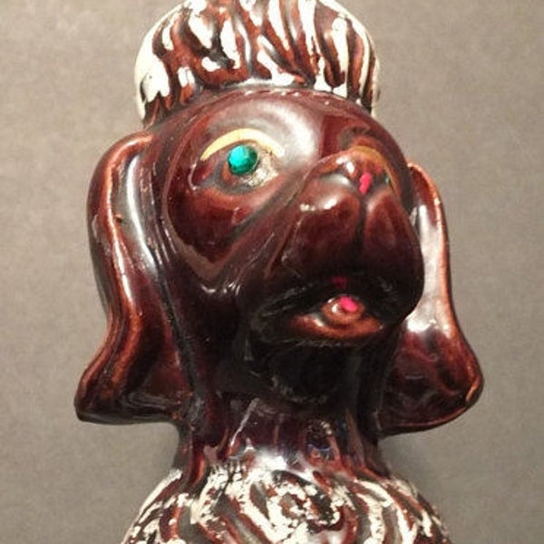 Redware Standard Poodle Dog Figurine Artmark Brown French Cut Poodle With Green Rhinestone Eyes