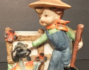 Vintage Ceramic Farmer Boy Planter with Dog Figurine