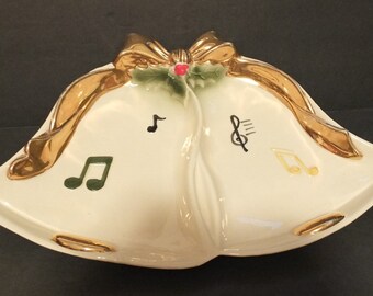 Vintage American Bisque Christmas Bell Serving Dish Musical Note Bell Dish