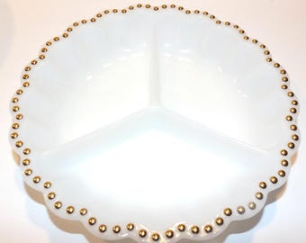 Anchorglass Milk Glass Divided Relish Bowl With Gold Dot Trim Edge Anchor Hocking