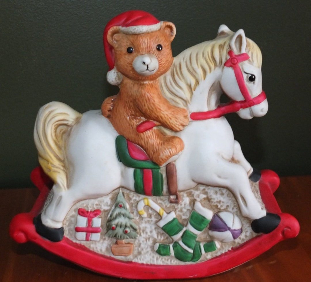 Teddy Bear Riding Rocking Horse With Christmas Toys Music Box Figurine