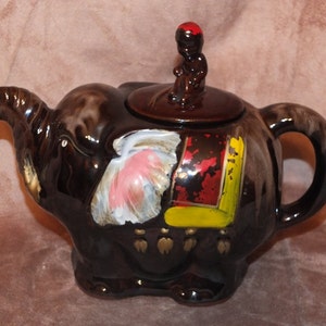 Vintage Redware Pottery Elephant Teapot image 1