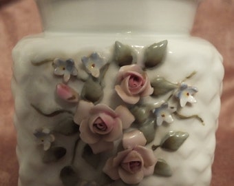 Vintage Lefton Milk China Flowered Square Vase