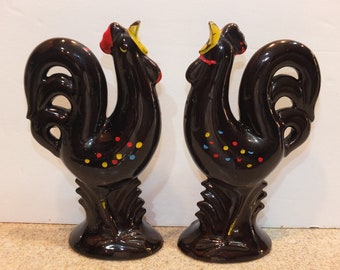 Black Rooster Salt and Pepper Shaker Set Vintage Redware Pottery Shakers