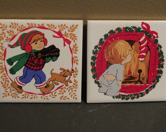 1981 Jasco Christmas Mug Trivet Set Of 2 Ceramic Tile Trivets