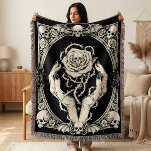 Dark Romantic Gothic Tapestry Throw, Skull Rose Vintage Gothic Woven Blanket