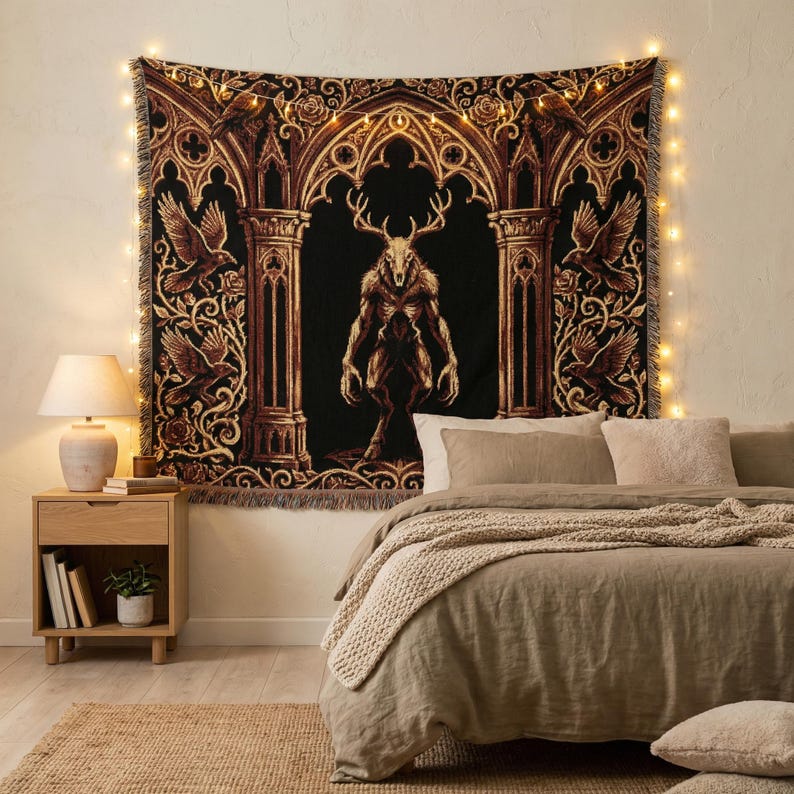 Wendigo Woven Blanket, Dark Gothic Tapestry Throw, Cryptid Monster Blanket, Occult Horror Decor, Gothic Wall Tapestry, Dark Fantasy Throw image 5